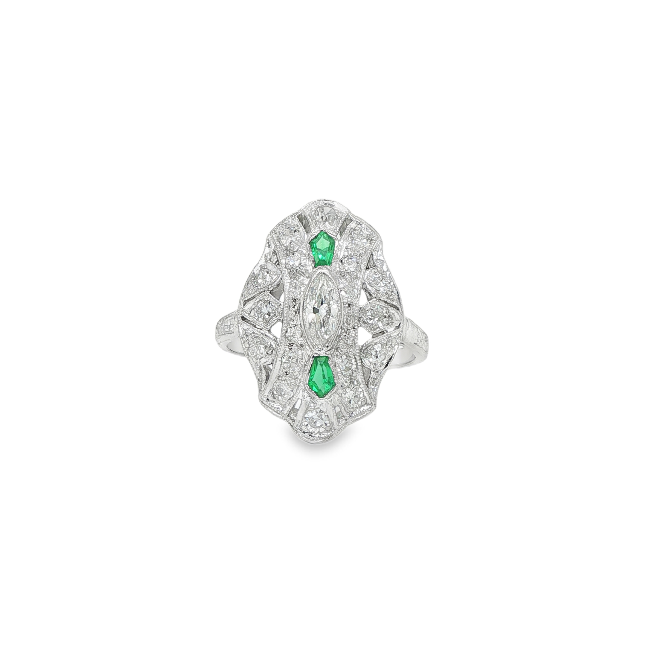 PLATINUM DECO DIAMOND AND EMERALD RING