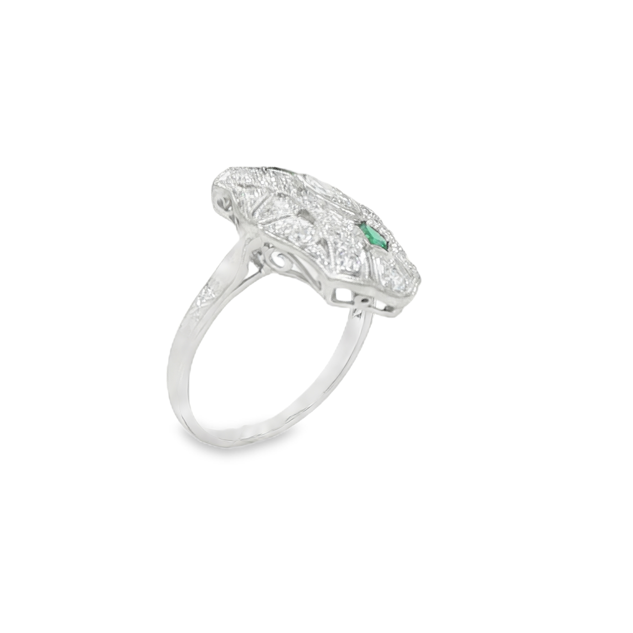 PLATINUM DECO DIAMOND AND EMERALD RING