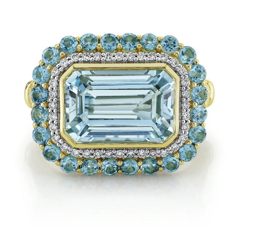 18K Yellow Sky-Blue Topaz And Diamond Ring