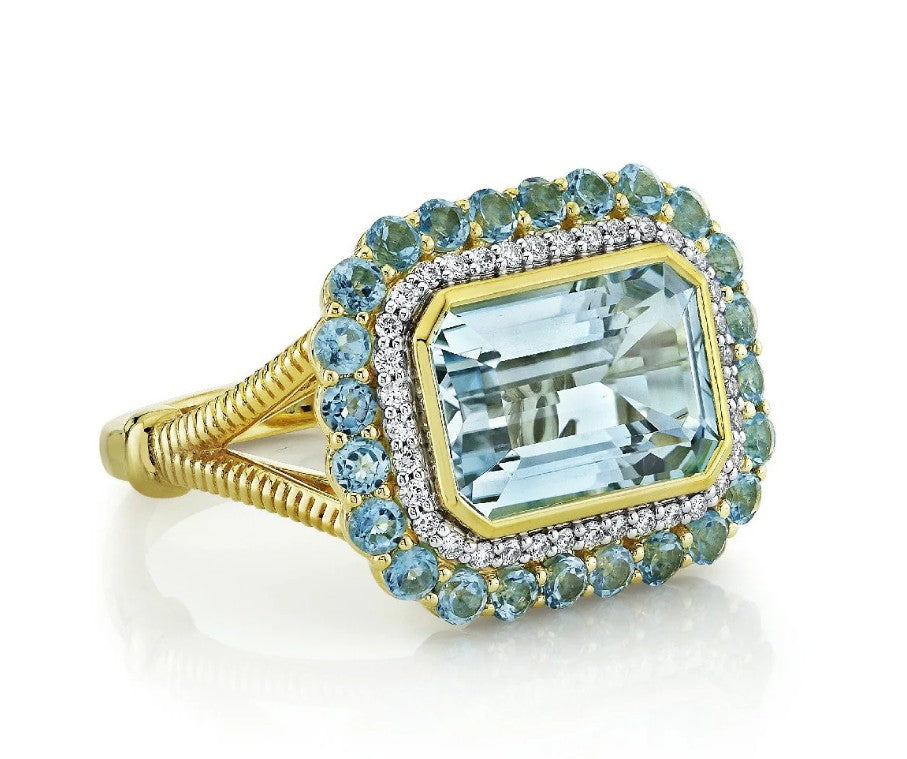 18K Yellow Sky-Blue Topaz And Diamond Ring