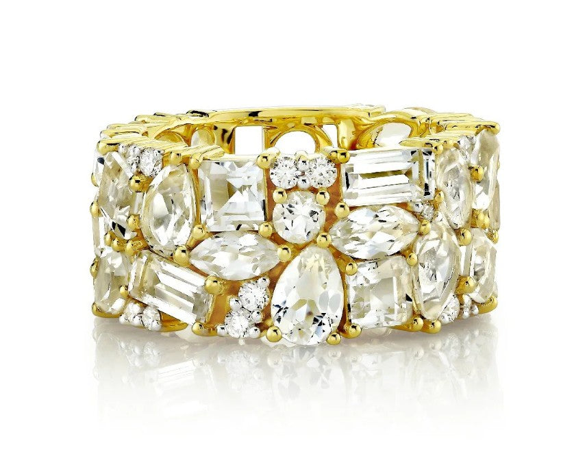 18KY Mix Shapes White Topaz And Diamond Band