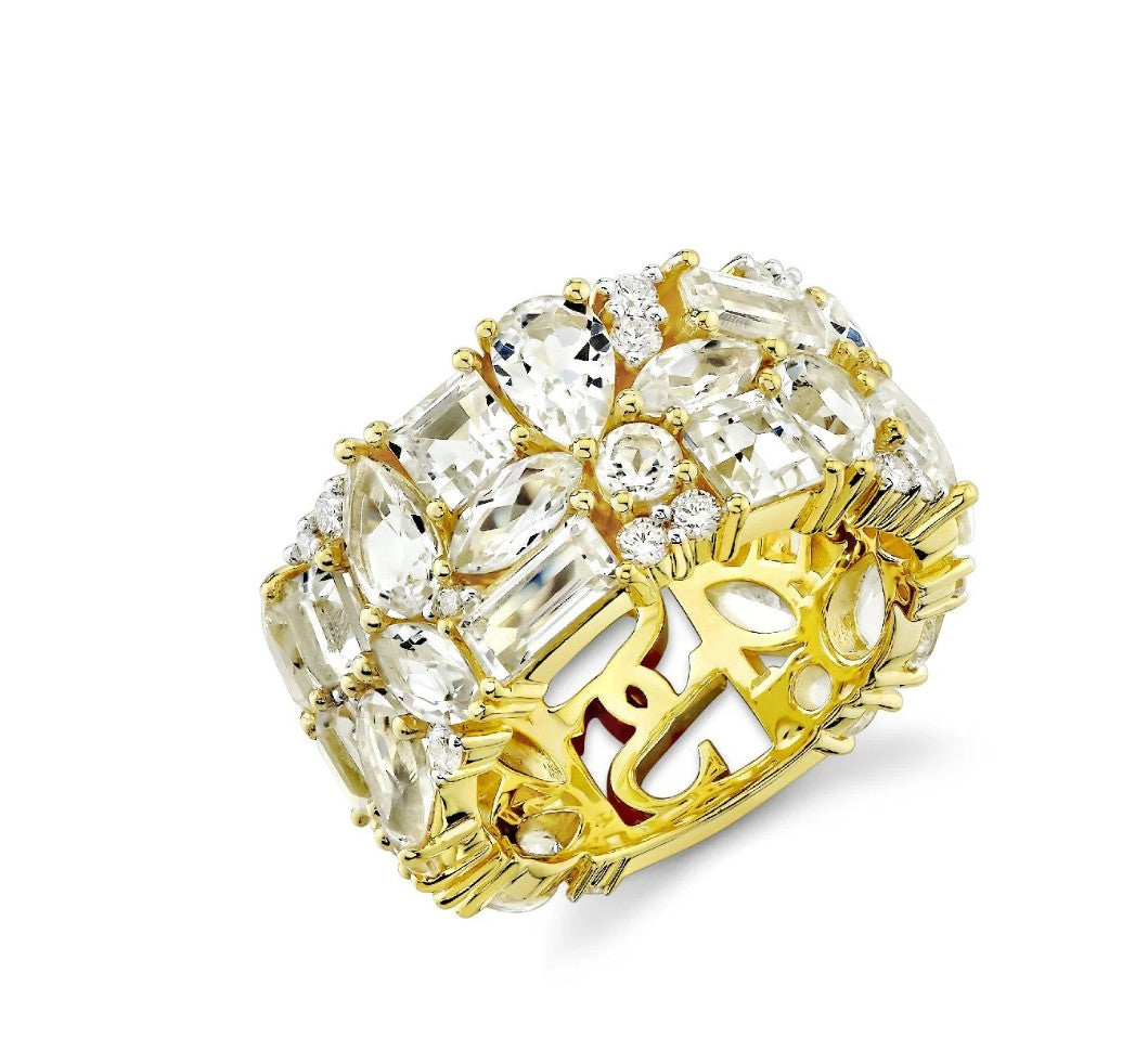 18KY Mix Shapes White Topaz And Diamond Band