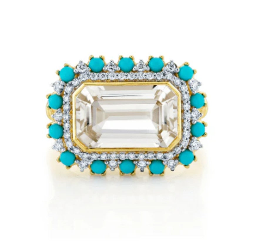 18KY White Topaz, Turquoise And Diamond Ring