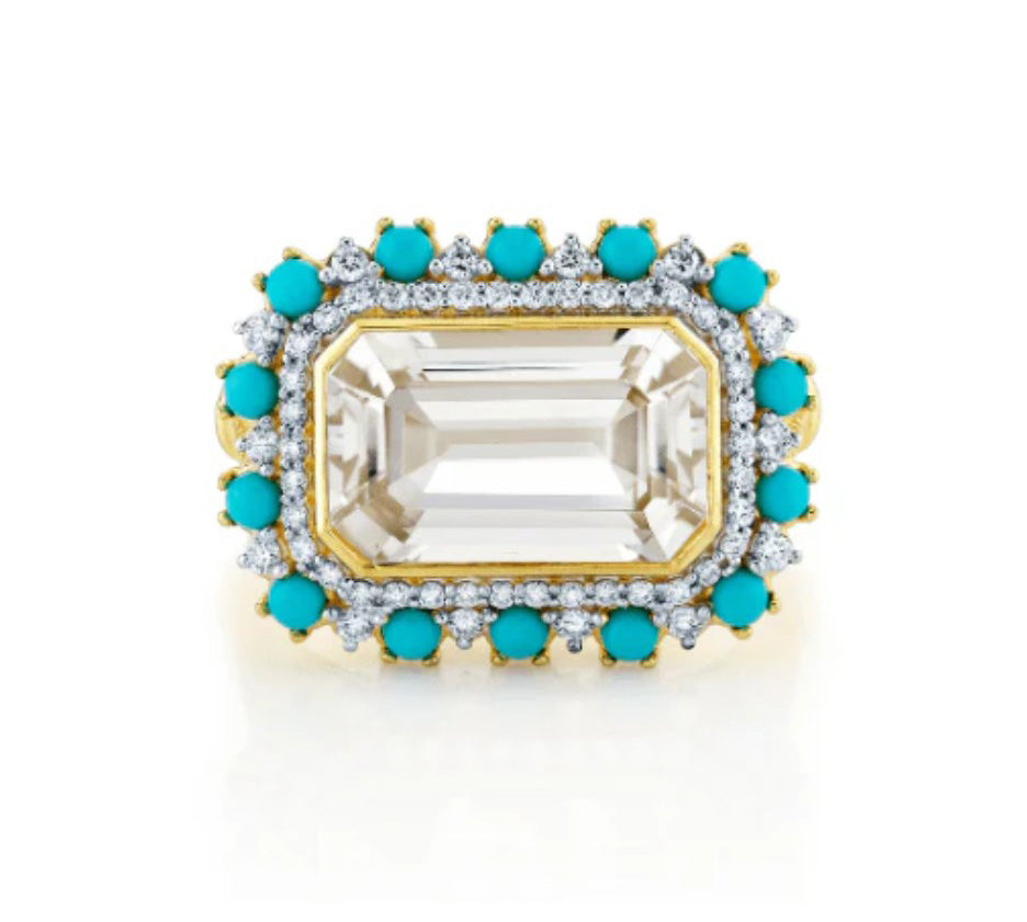 18KY White Topaz, Turquoise And Diamond Ring