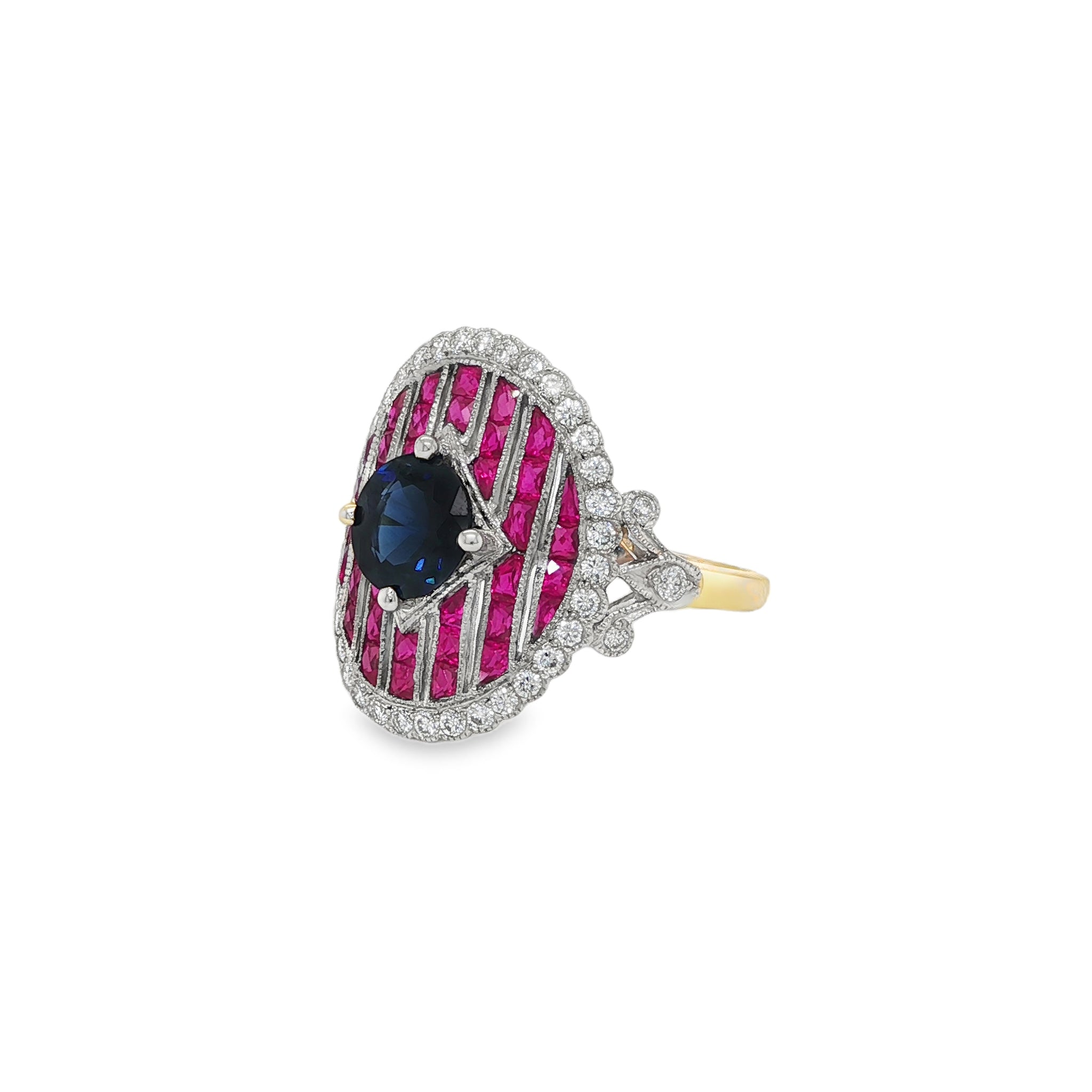 18KY/W SAPPIRE, RUBY, AND DIAMOND RING