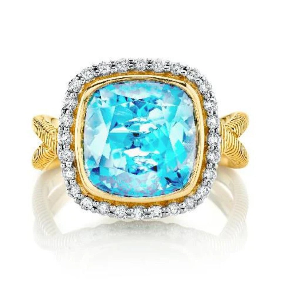 18KY SKY Blue Topaz And Diamond Halo With Strie Detail Ring