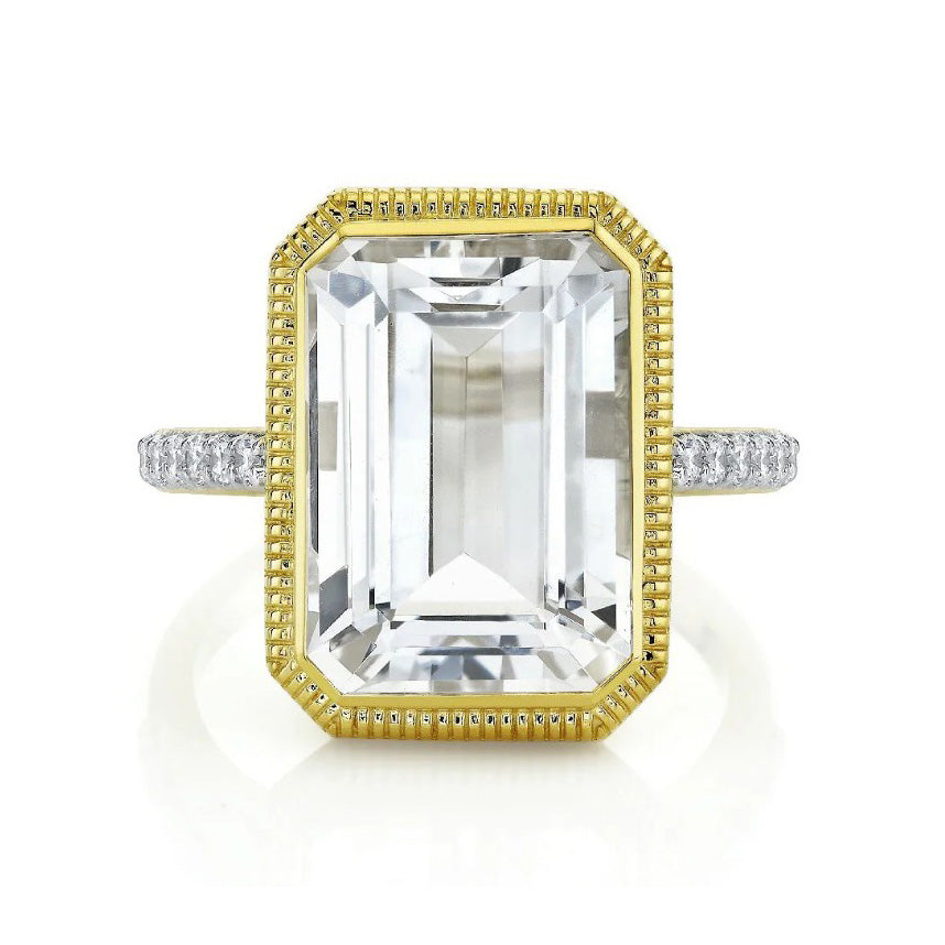 18KY Emerald Cut White Topaz And Diamond With Strie Detail Ring
