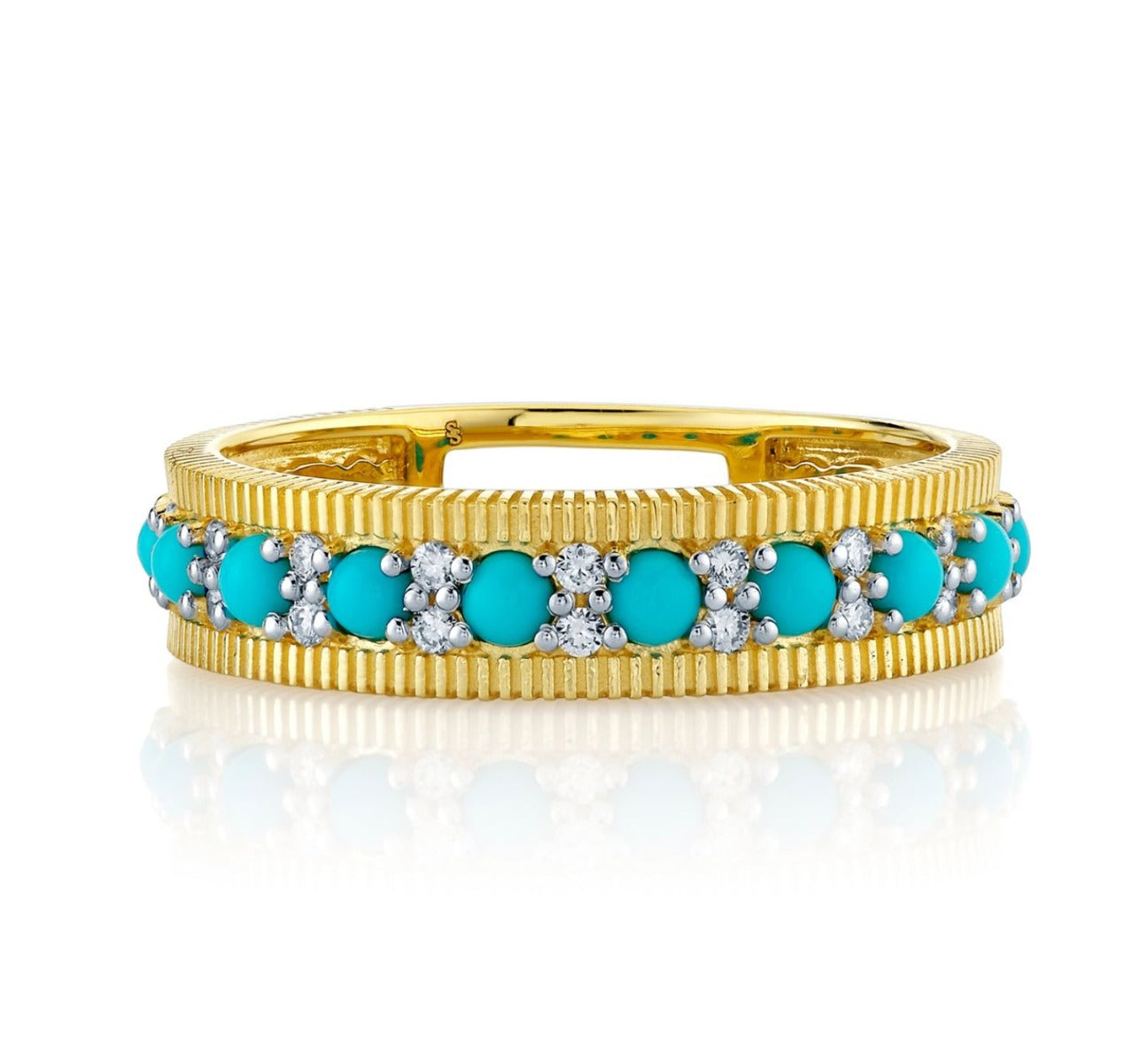 18KY Turquoise And Diamond With Strie Detail Band