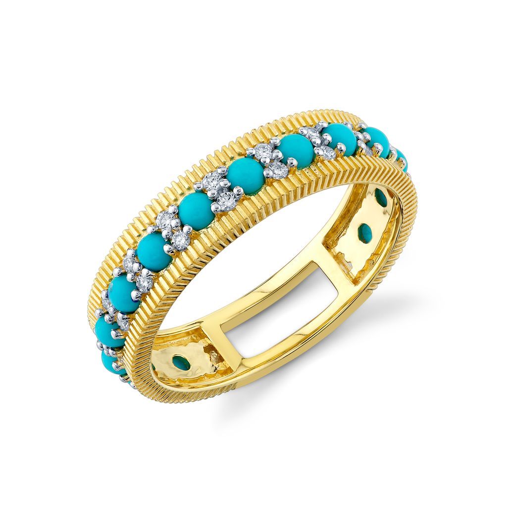 18KY Turquoise And Diamond With Strie Detail Band
