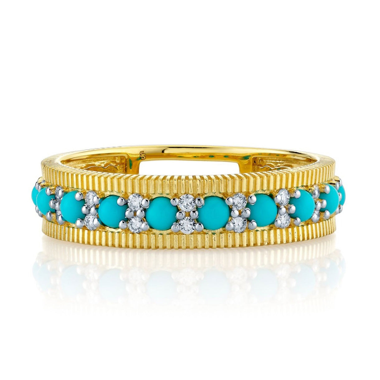 18KY Turquoise And Diamond With Strie Detail Band
