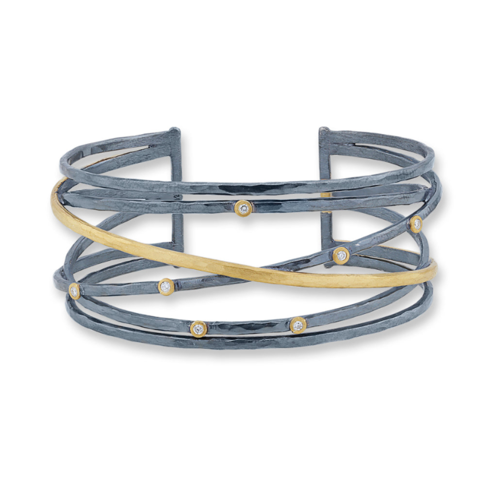 SS/24KY Hammered Fusion Stockholm Crosswire Open Cuff With Diamonds