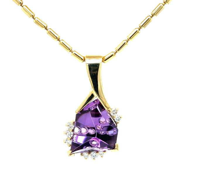 14KY Fantasy Cut Amethyst With Diamonds Pendant