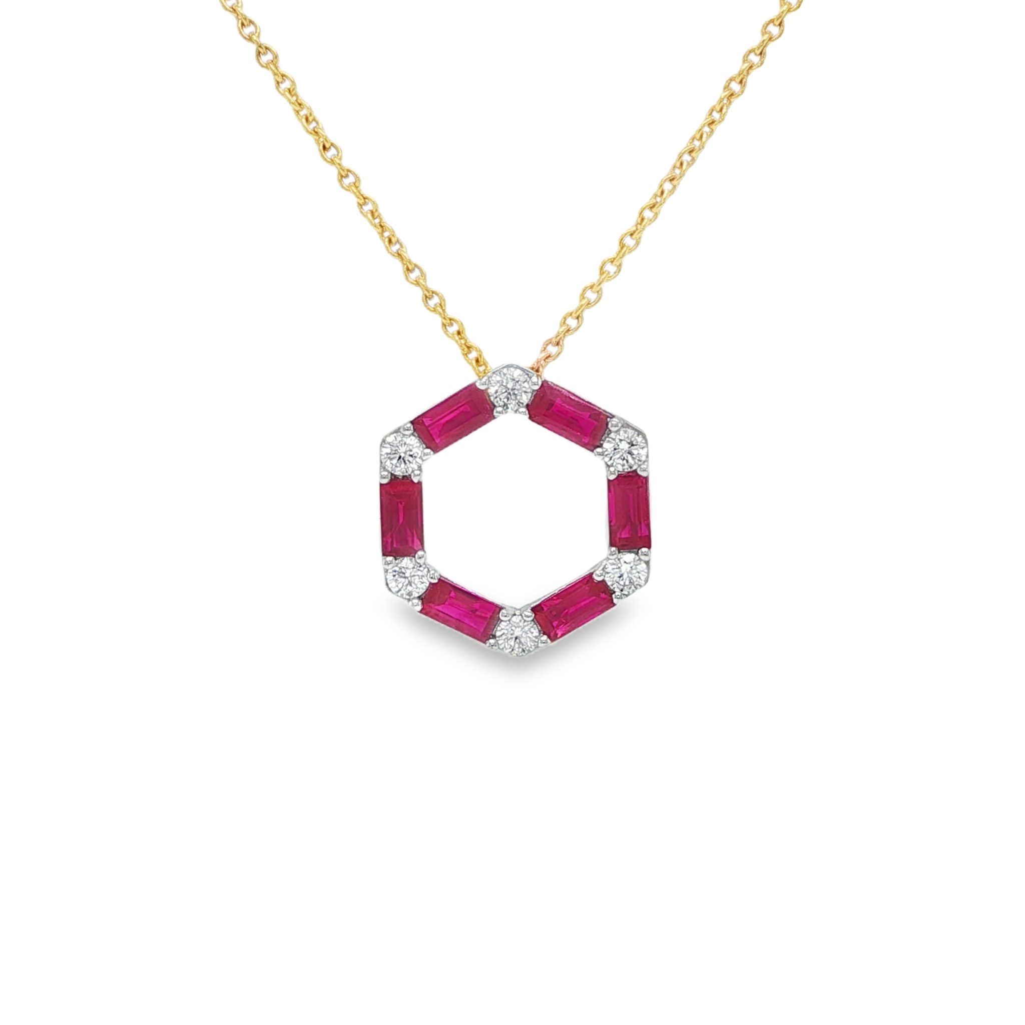 18KW/Y RUBY AND DIAMOND HEXAGON PENDANT