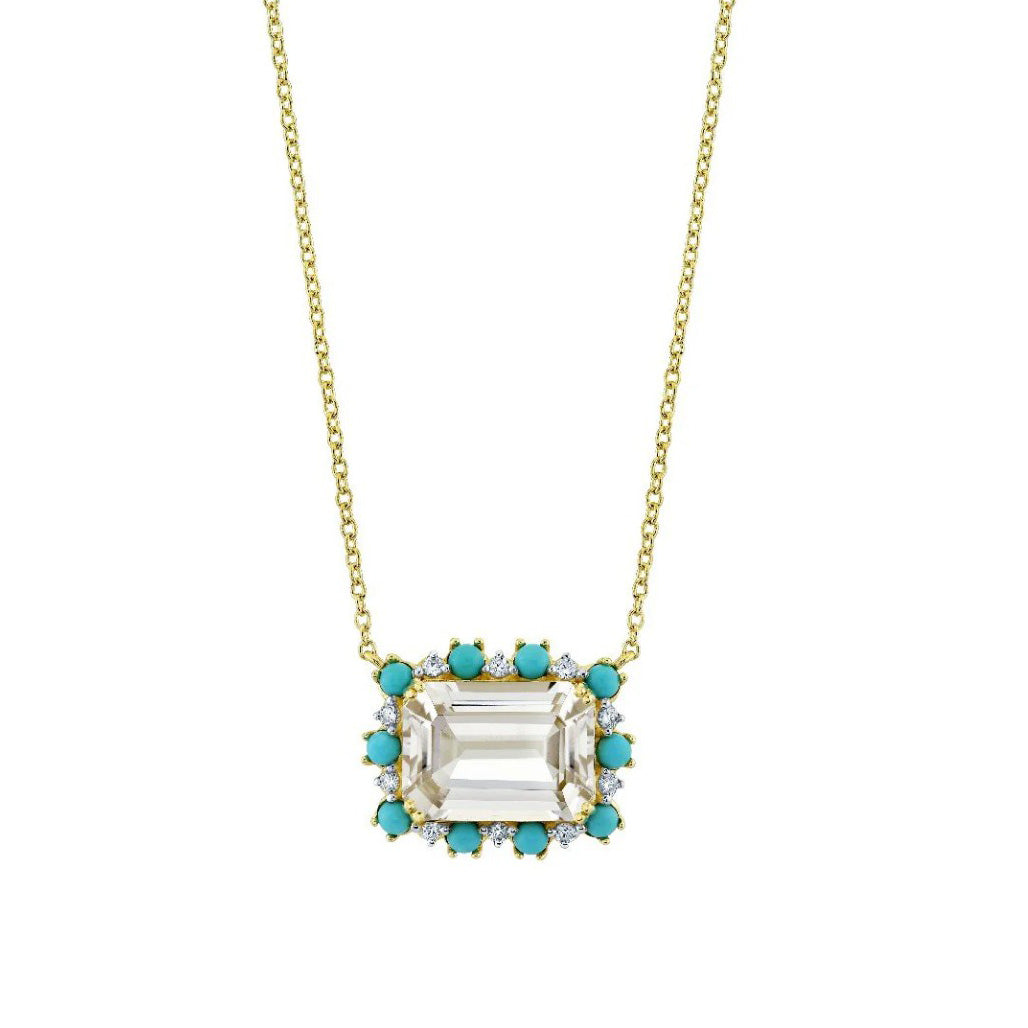 18KY White Topaz, Turquoise And Diamond Pendant