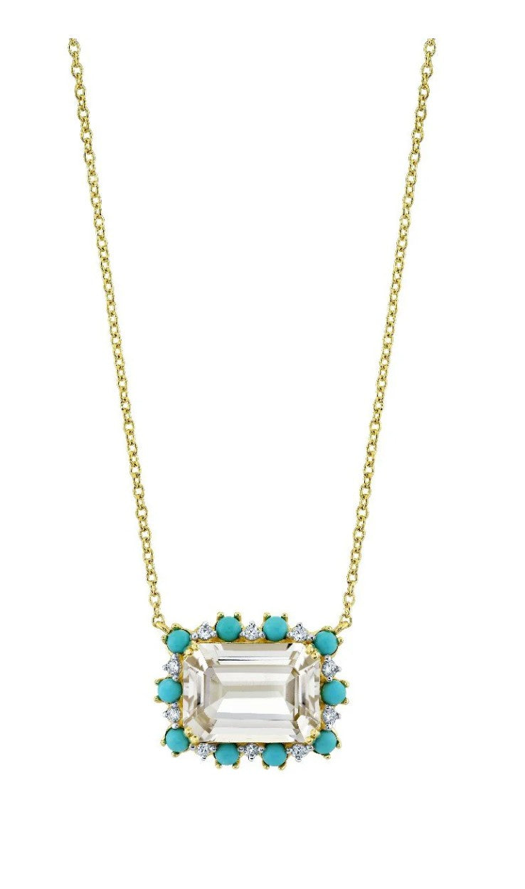 18KY White Topaz, Turquoise And Diamond Pendant