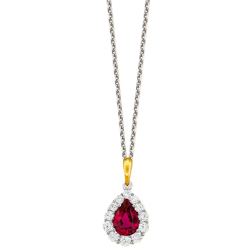 18KW/Y Spark Creations Ruby and Diamond Halo Pendant