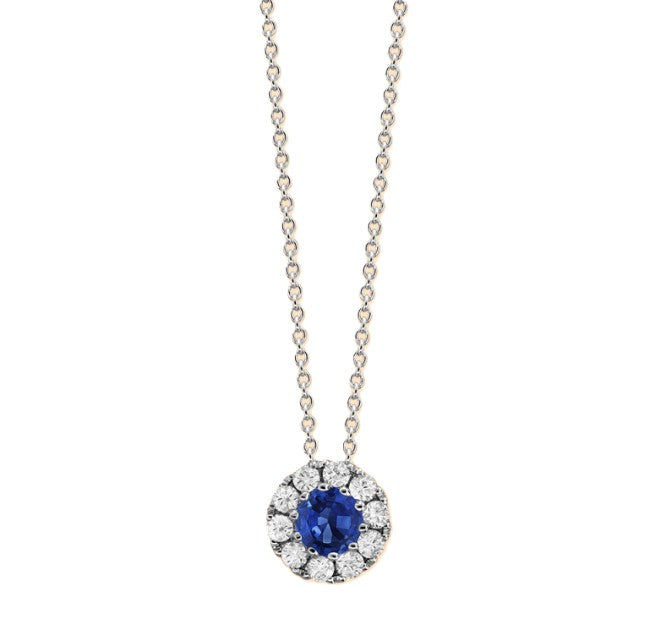 18KY Spark Creations Sapphire and Diamond Halo Pendant