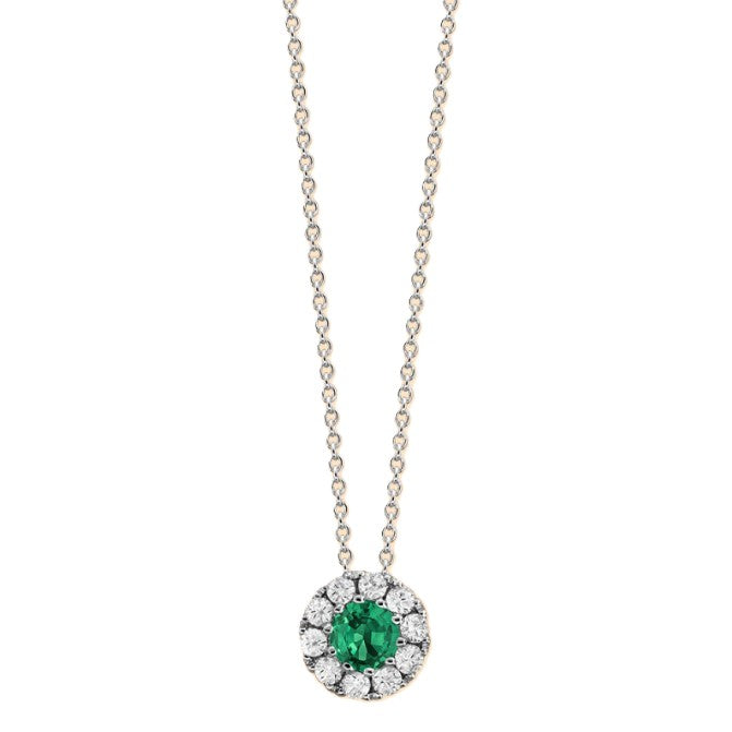 18KW Spark Creations Emerald and Diamond Halo Pendant Necklace