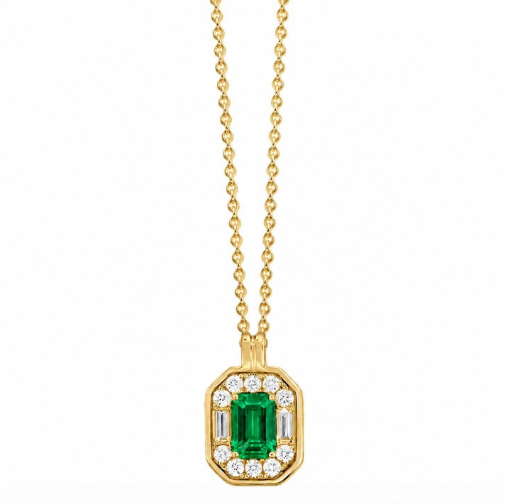 18KY Spark Creations Emerald and Diamond Halo Pendant Necklace
