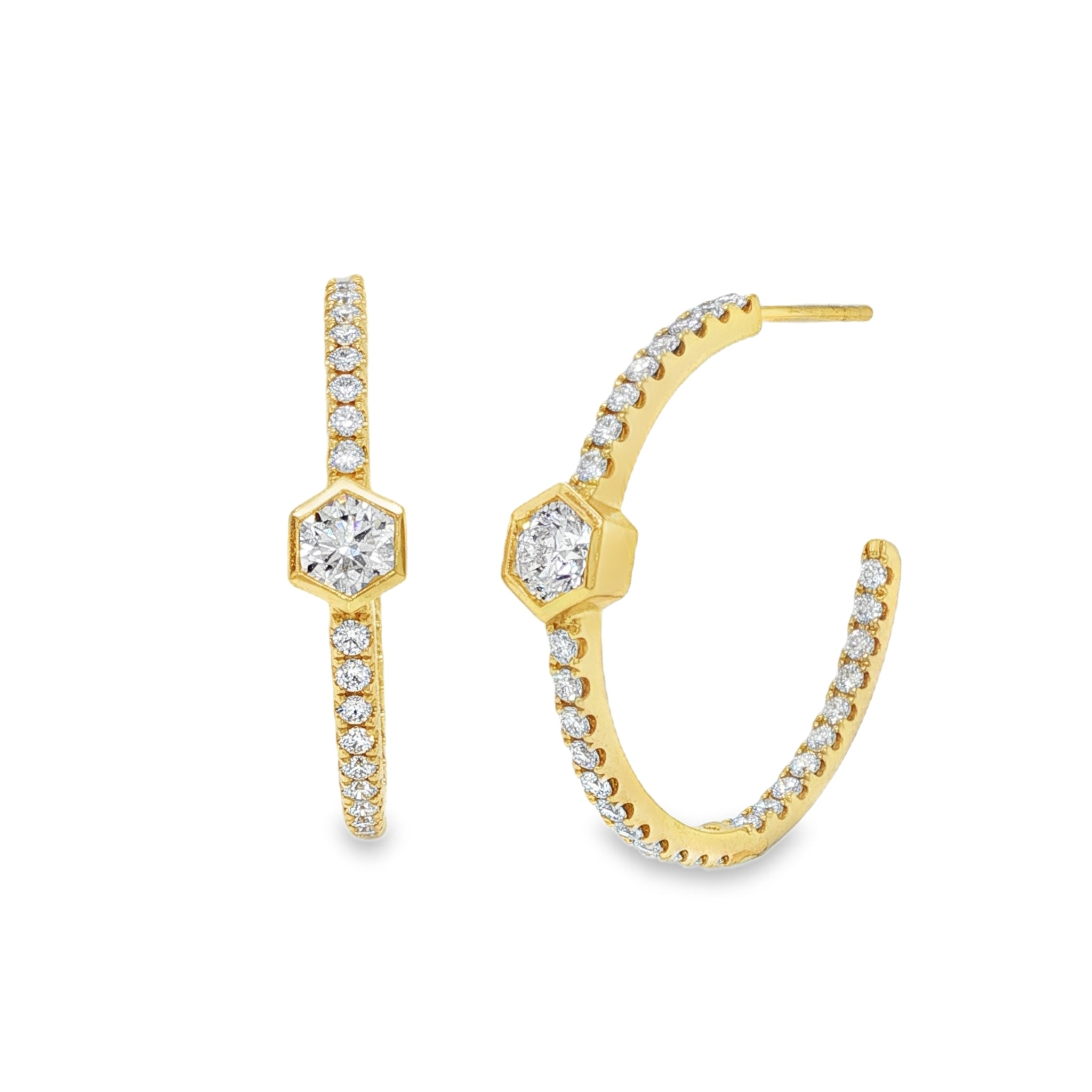 18KY DIAMOND HEXAGON INSIDE/OUT HOOP EARRINGS