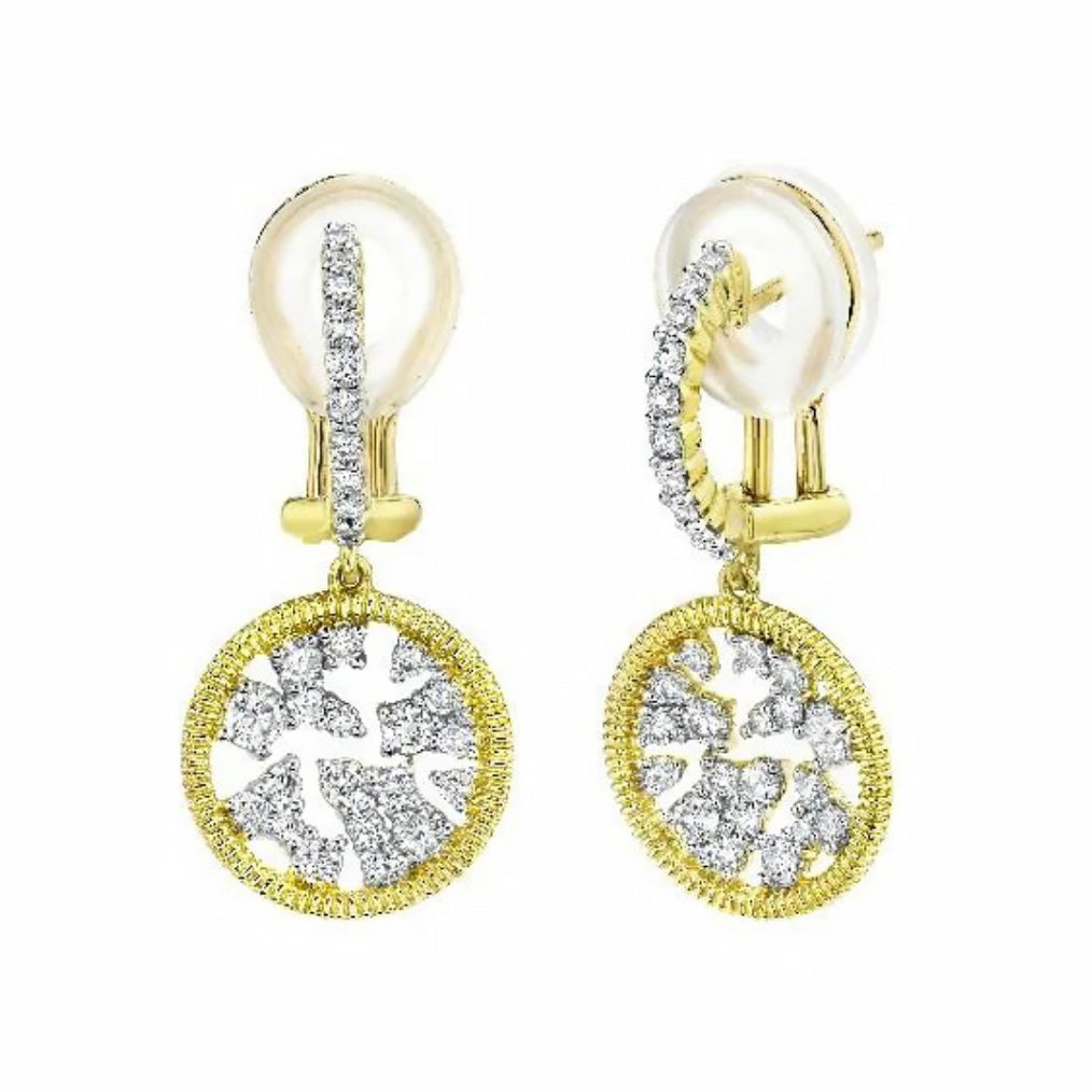 18KY Round Diamond Drop Earrings With Strie Detail