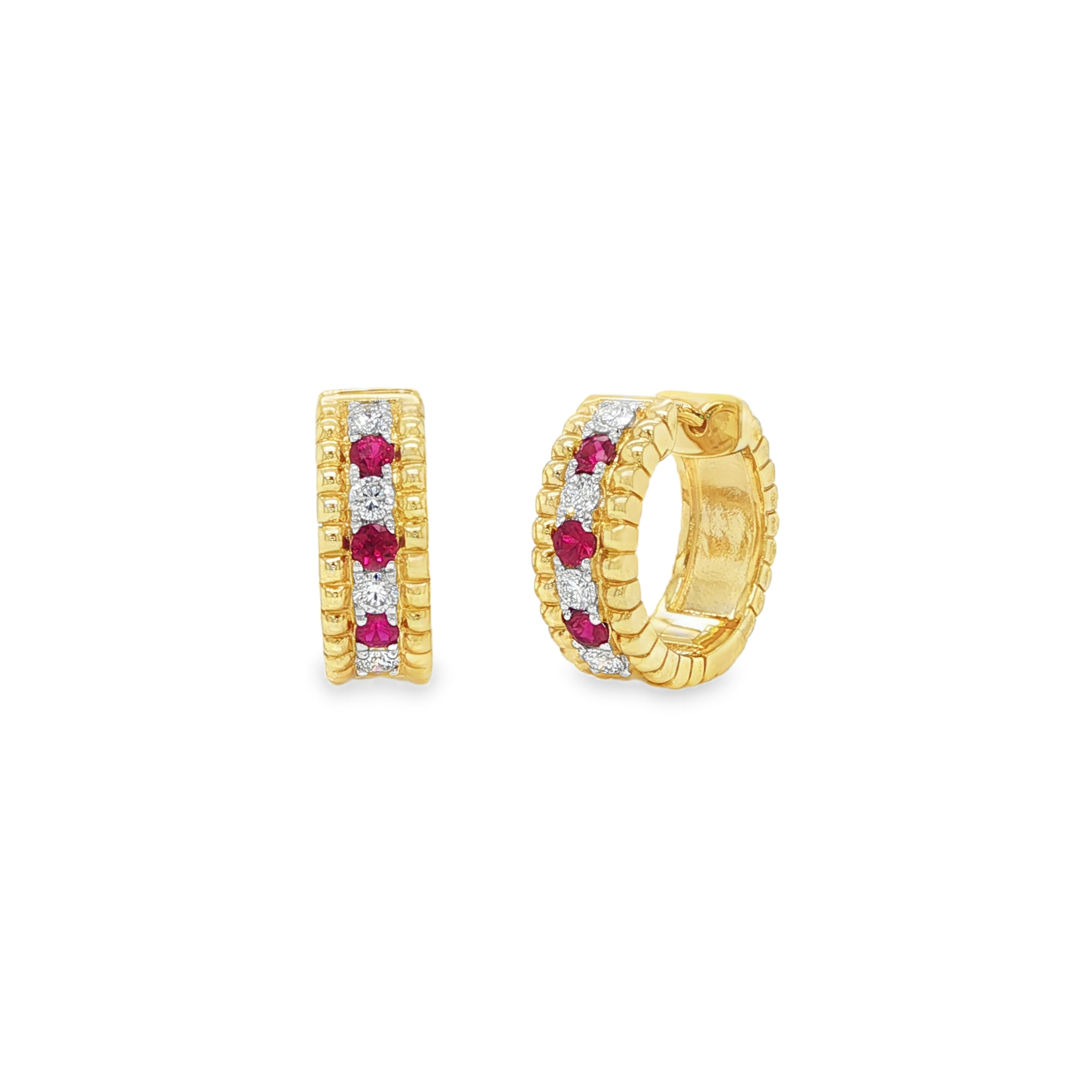 18KY RUBY AND DIAMOND HUGGIE EARRINGS