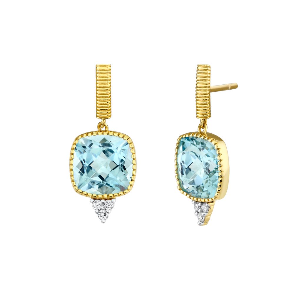 18KY Cushion SKY Blue Topaz Drop Earrings