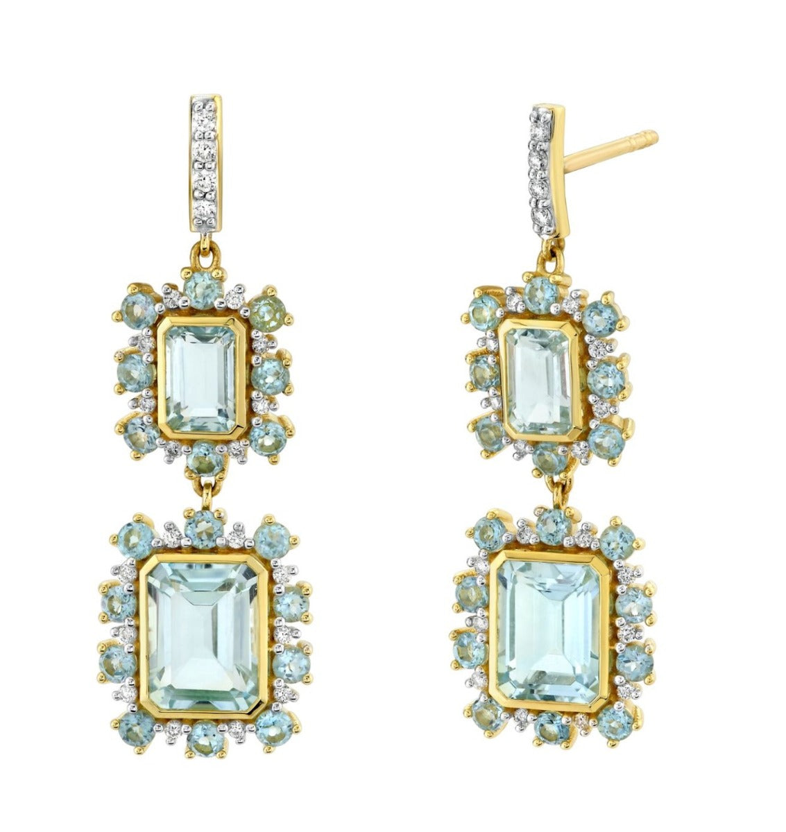 18KY SKY Blue Topaz, Swiss Blue Topaz And Diamond Drop Earrings