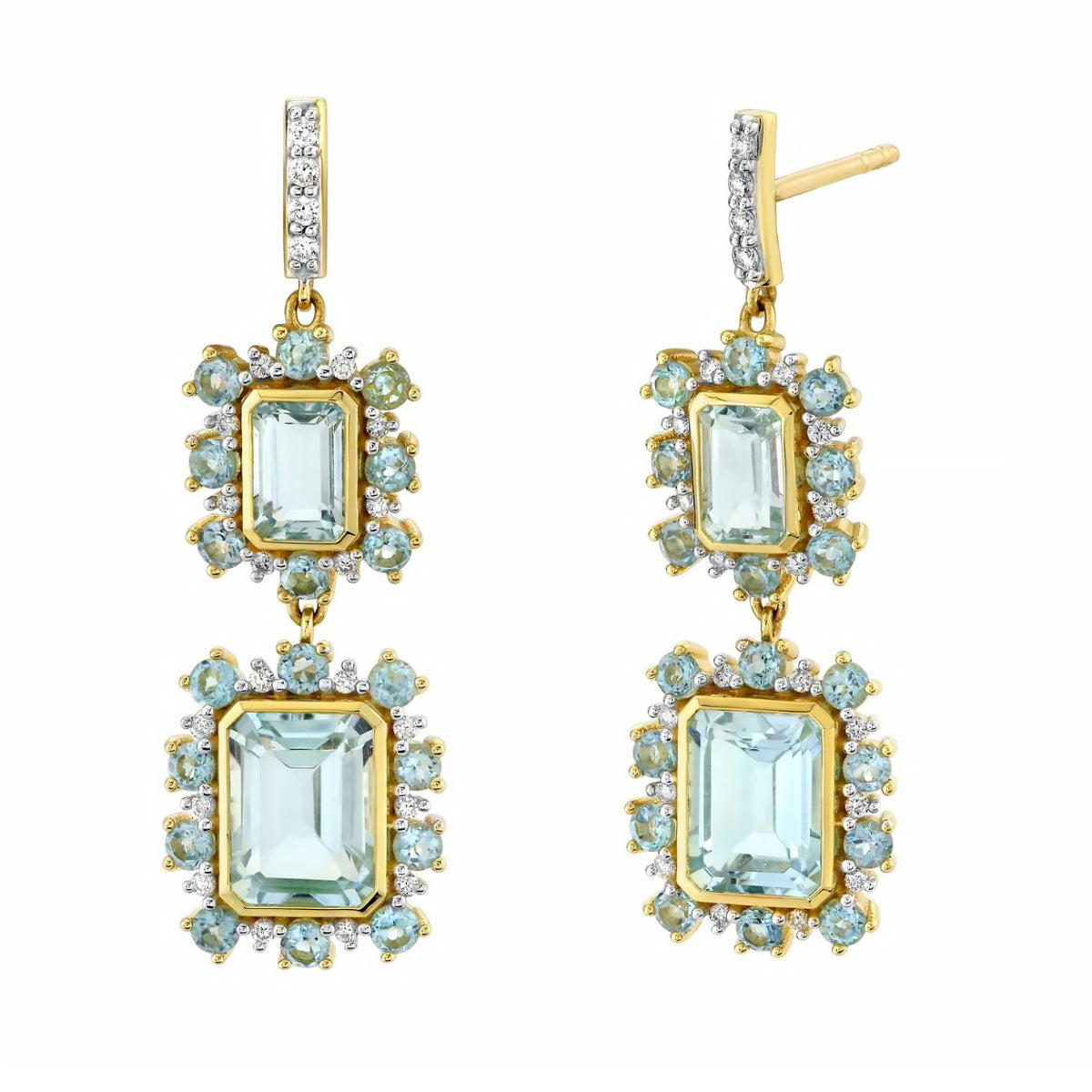 18KY SKY Blue Topaz, Swiss Blue Topaz And Diamond Drop Earrings