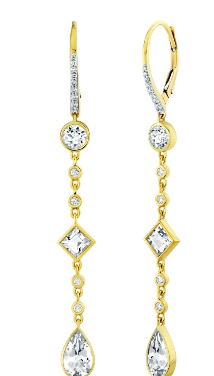 18KY Mix Shapes White Topaz And Diamond Drop Earrings