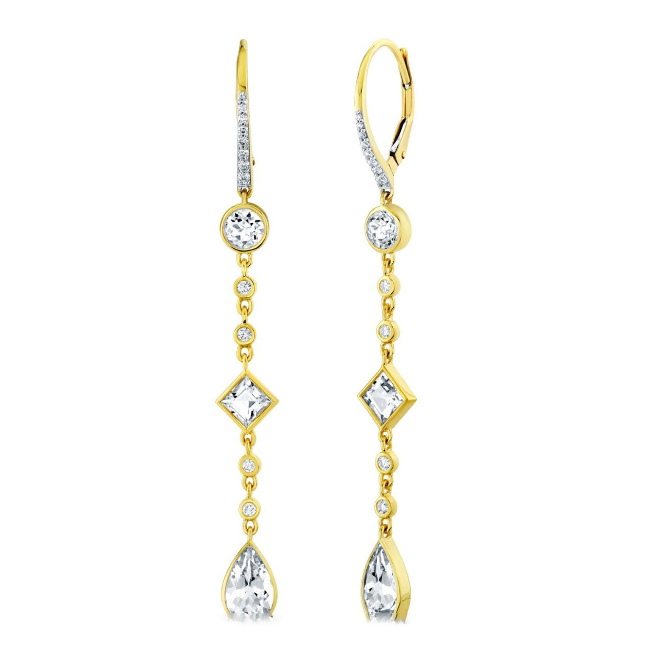 18KY Mix Shapes White Topaz And Diamond Drop Earrings