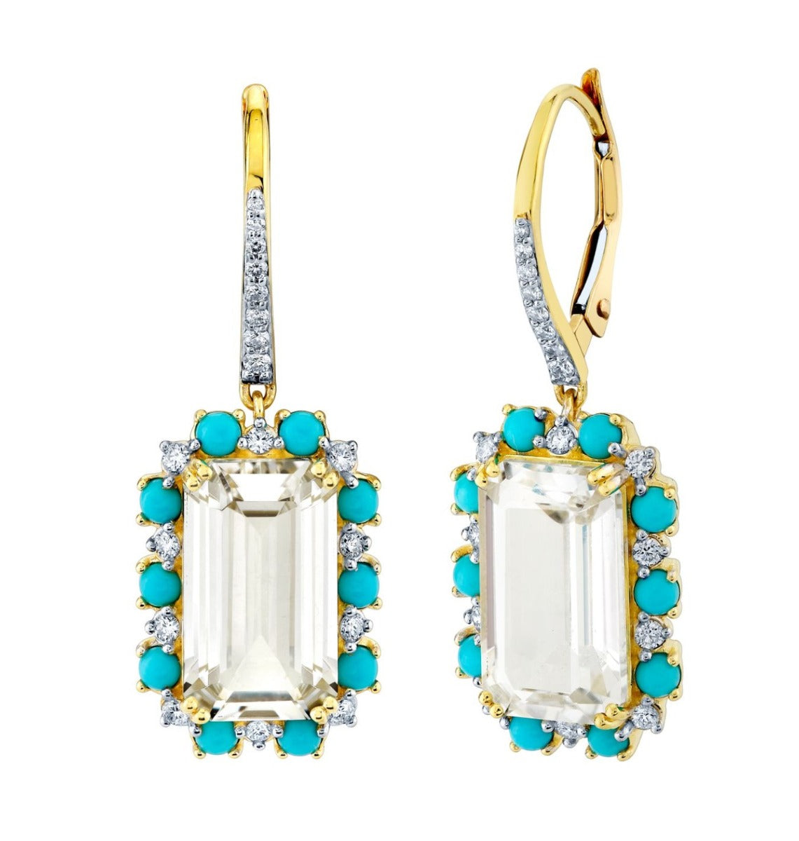 18KY White Topaz, Turquoise And Diamond Drop Earring