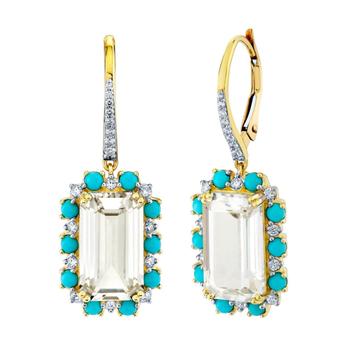18KY White Topaz, Turquoise And Diamond Drop Earring