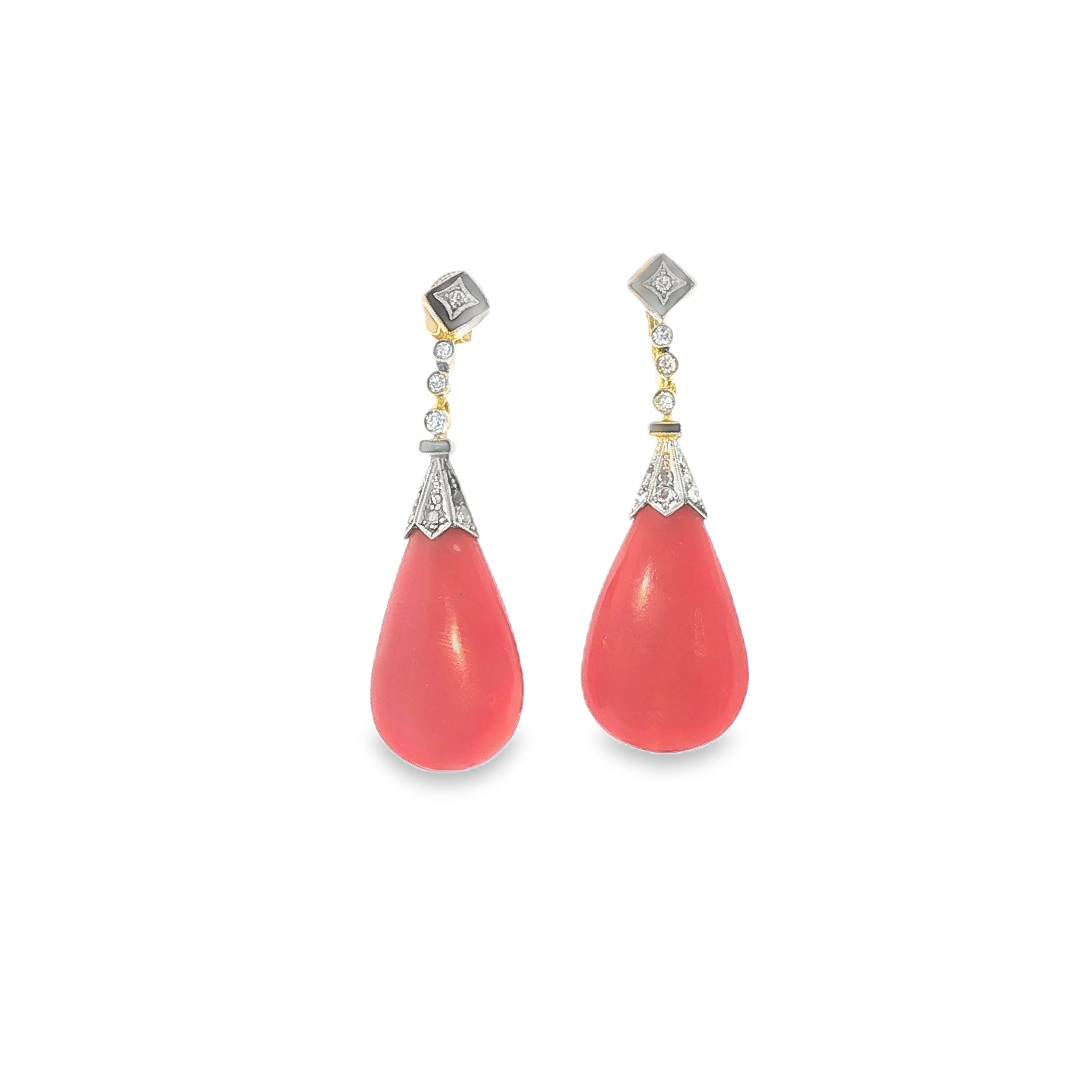 PLATINUM AND 14KYG CORAL AND DIAMOND DROP EARRINGS