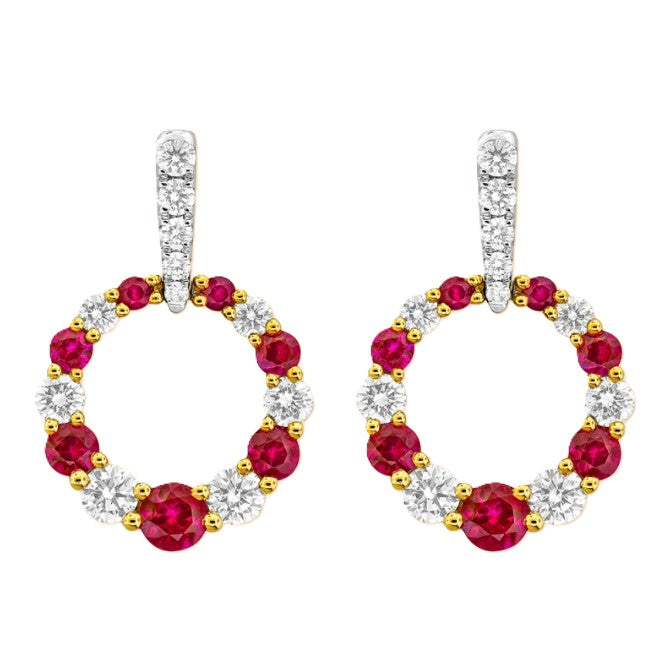 18KW/Y Spark Creations Ruby and Diamond Drop Circle Earrings