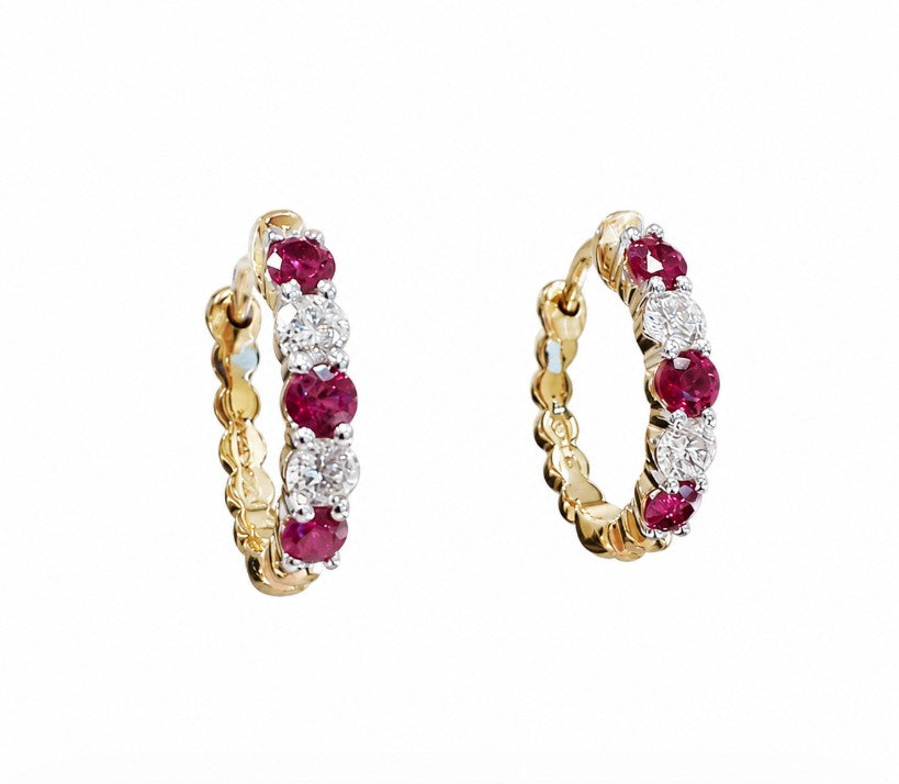 18KY/W Spark Creations Ruby and Diamond Alternating Hoops