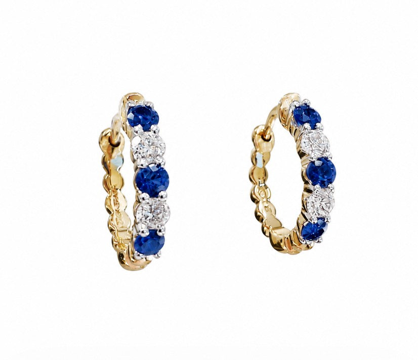 18KY/W Spark Creations Blue Sapphire and Diamond Alternating Hoops