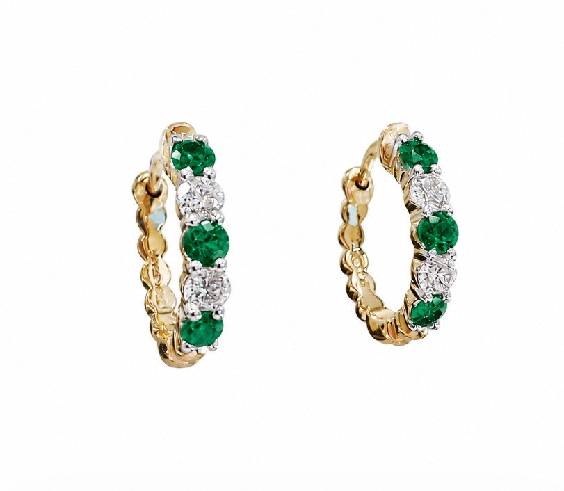 18KY/W Spark Creations Emerald and Diamond Alternating Hoops