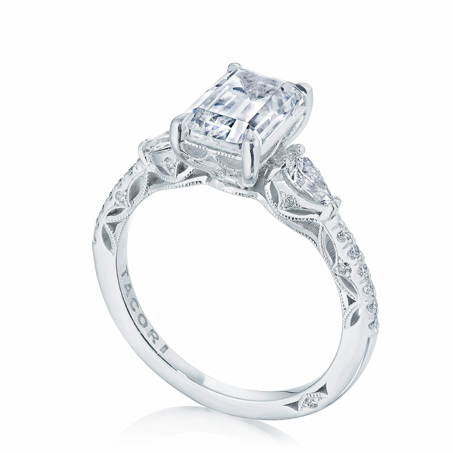 18KW Tacori Dantela Emerald Cut Three Stone Engagement Ring