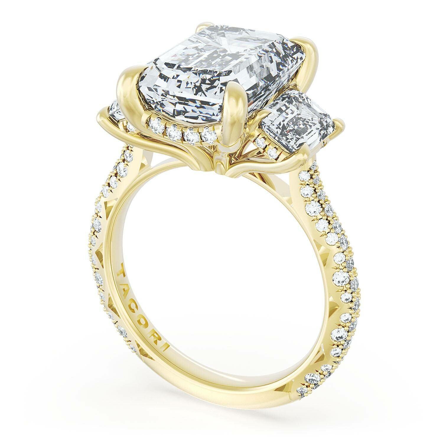18KY Tacori Founder's Collection Emerlad Cut Three Stone Engagement Ring