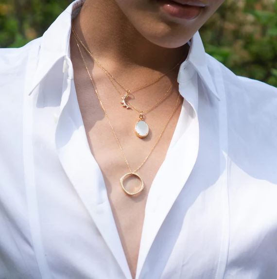 18KY Mother Of Pearl "Elle" Stone Slim 18K Yellow Gold Locket Necklace