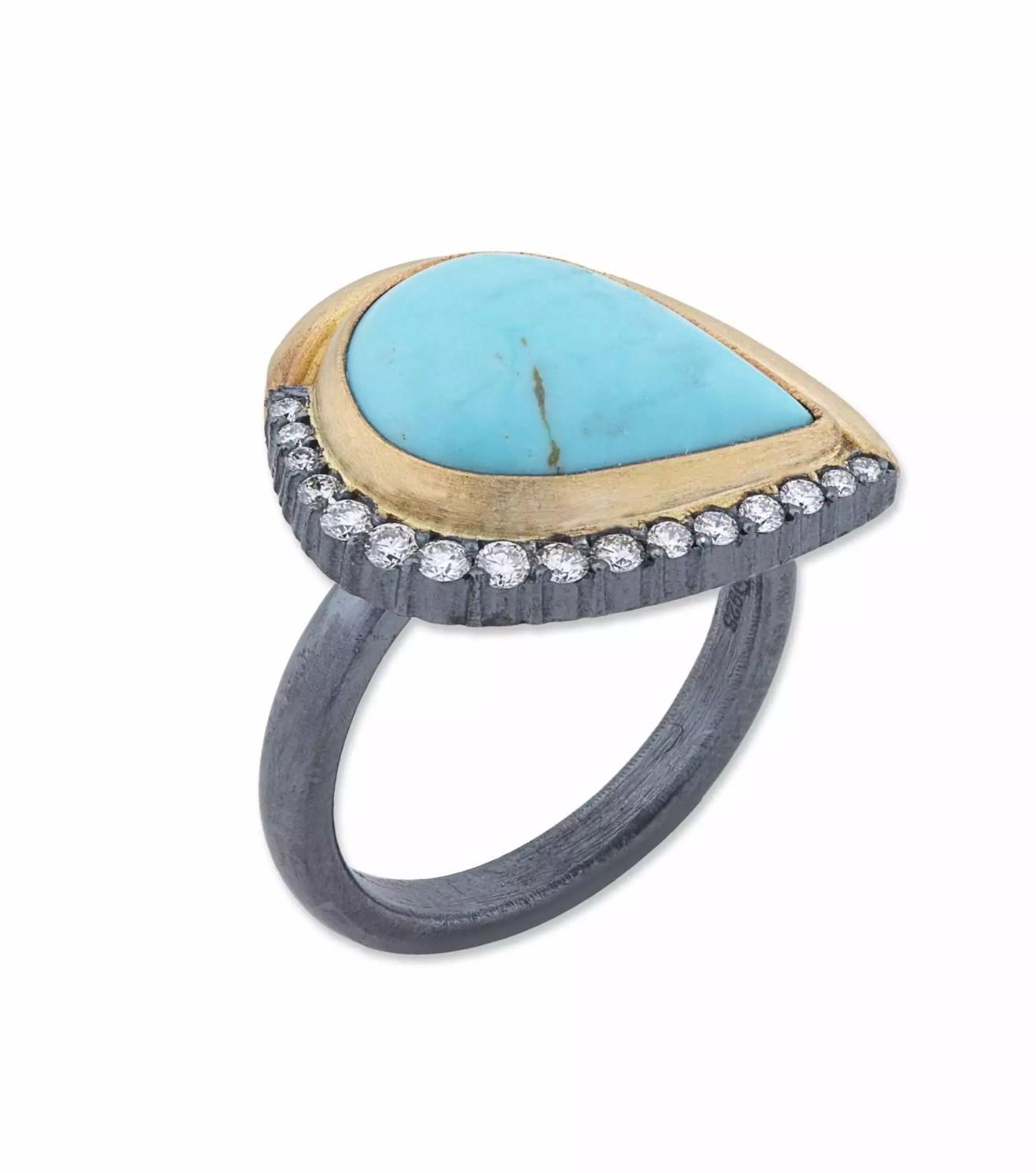 SS/24KY Lika Behar Luna Pear Kingman Turquoise and Diamond Ring