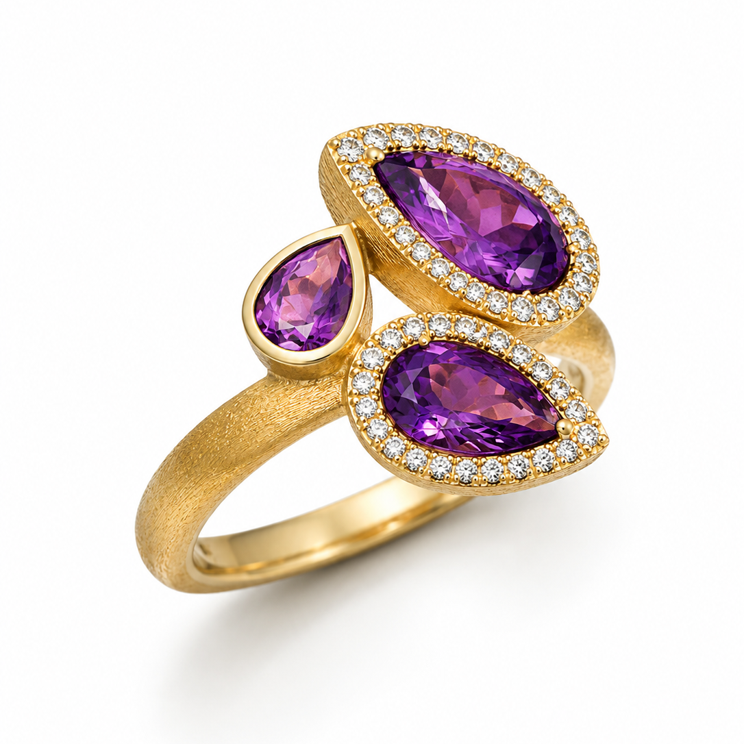 14KY Amethyst Tri-Stone Bypass Ring with Diamond Accent