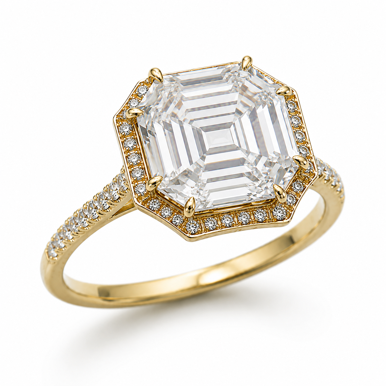 14KY Asscher Cut White Topaz Cocktail Ring with Diamond Accent