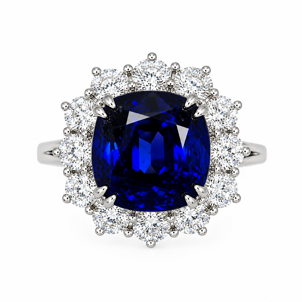 Platinum Williams Signature Cushion Cut Blue Sapphire Ring with Diamond Halo