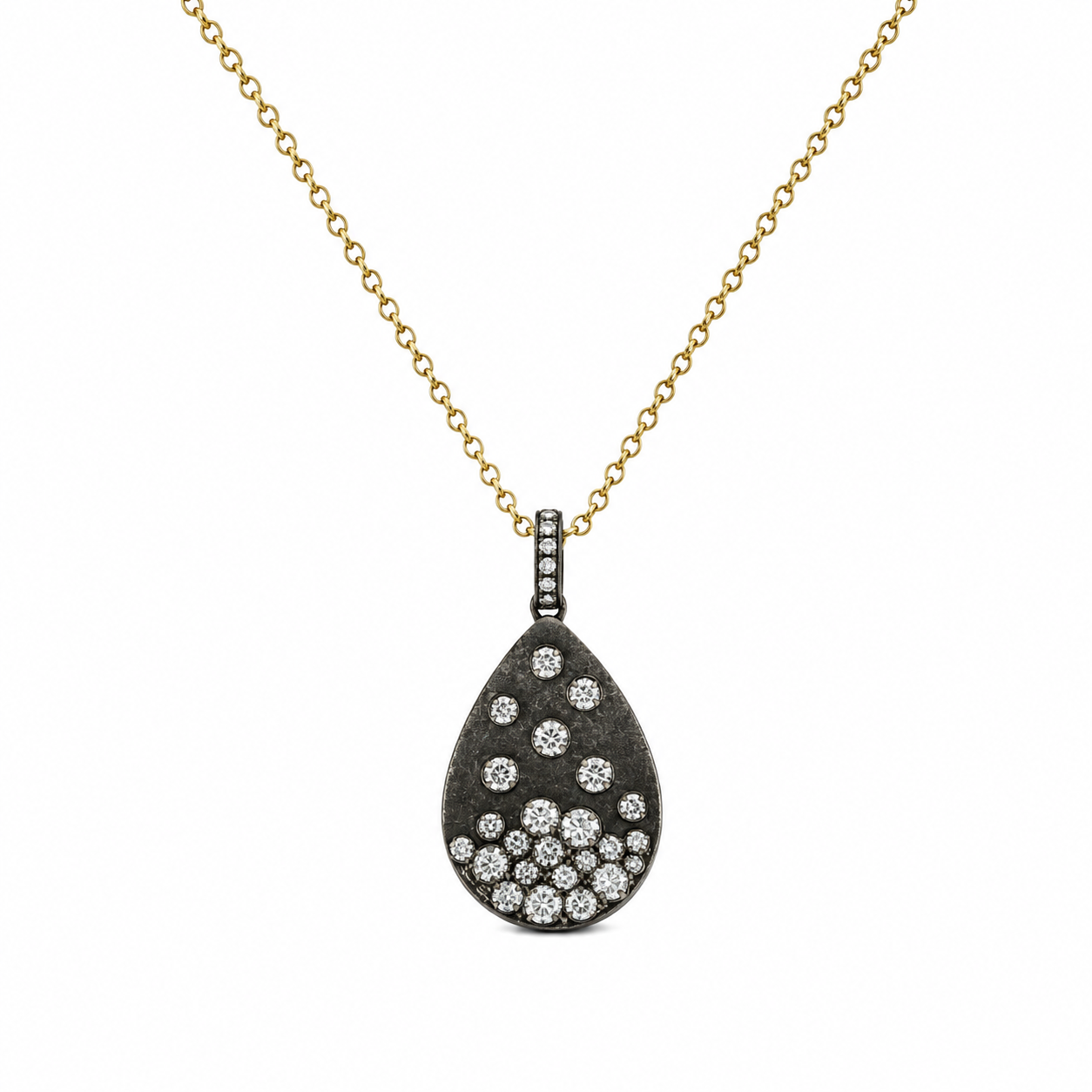 14KY Oxidized Dilamani Pear Shaped Diamond Scatter Pendant