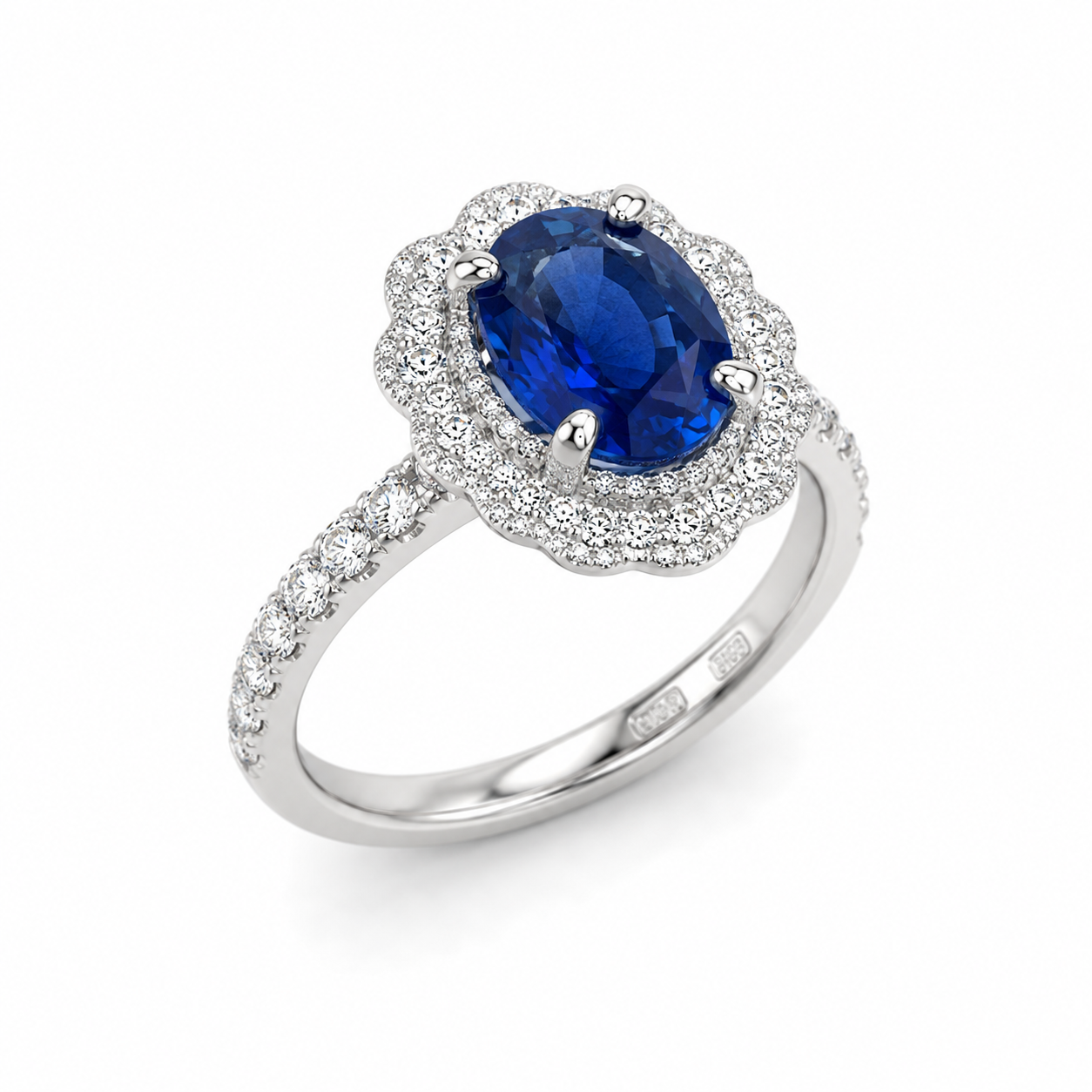 14KW Williams Signature Blue Sapphire Ring with Diamond Scalloped Halo