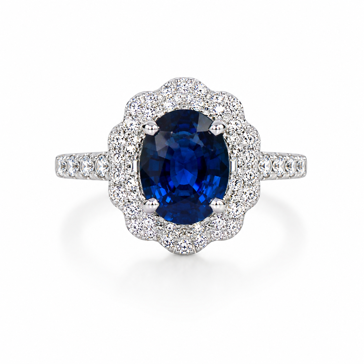 14KW Williams Signature Blue Sapphire Ring with Diamond Scalloped Halo