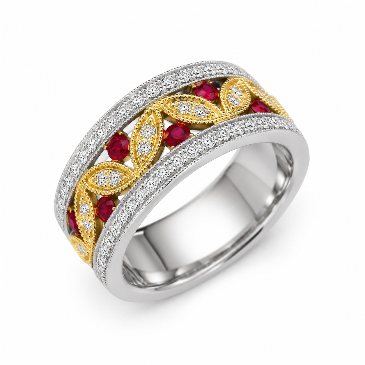 14KW/Y Williams Signature Ruby and Diamond Floral Milgrain Band