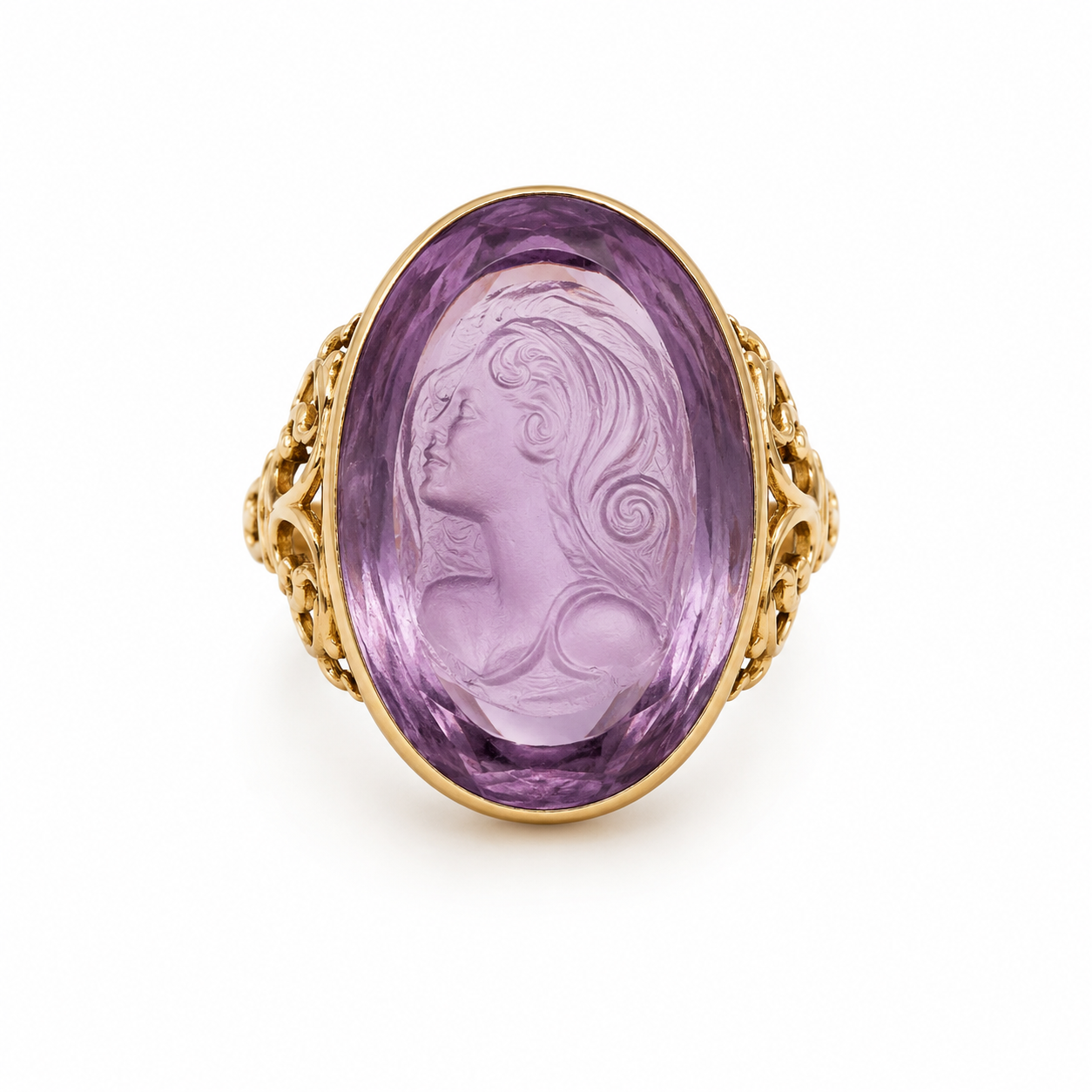 14KY Estate Amethyst Cameo Ring with Floral Design